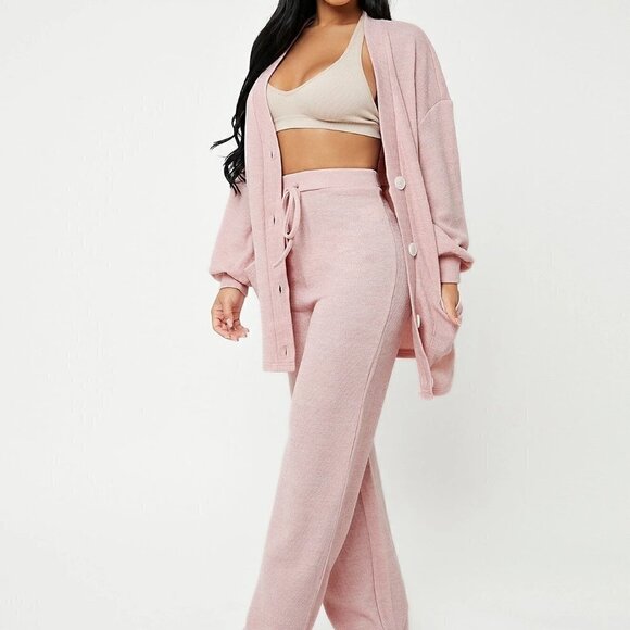 . Jackets & Blazers - Pink Boho Womens Button Front Lantern Sleeve Coat & Tie Waist Pants Set